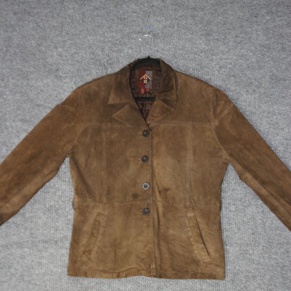 G-III Leather Jacket Womens L Brown Suede Button Up Barn‎ Coat